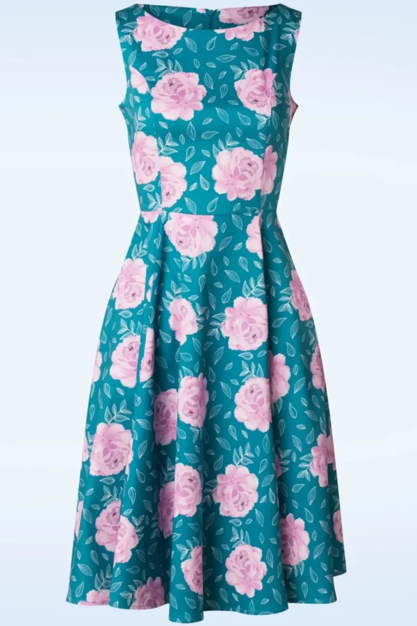 Adriana Swingjurk Met Bloemenprint In Groenblauw Blauw-Topvintage Boutique Collection Sale