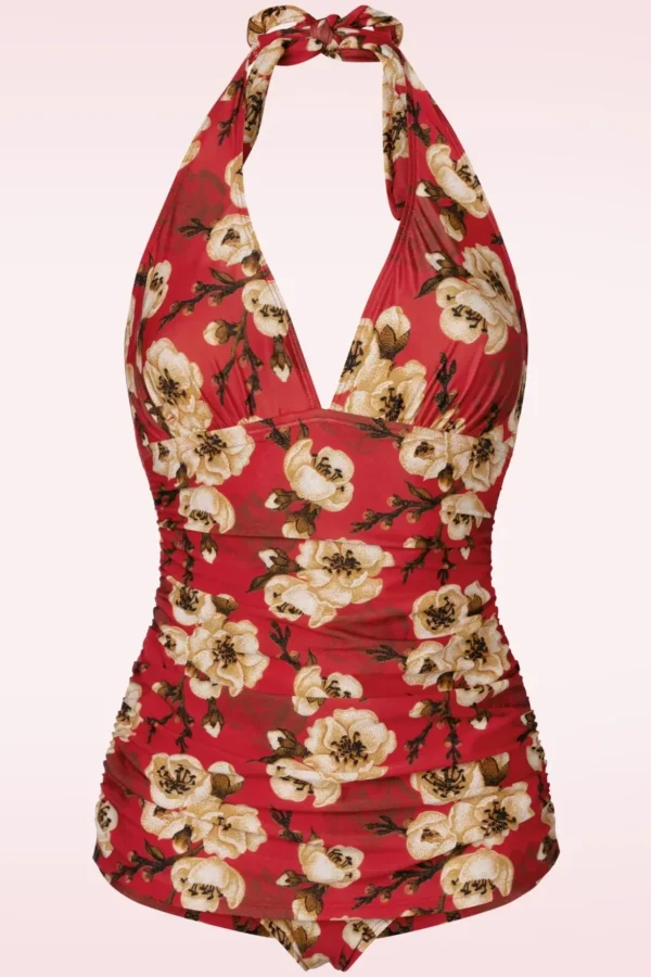 Blossom One Piece Halterbadpak In Rood-Bettie Page Swimwear Sale