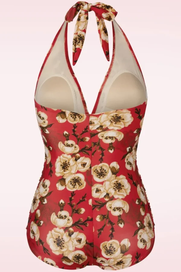 Blossom One Piece Halterbadpak In Rood-Bettie Page Swimwear Sale