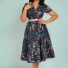 Caterina Hollyhocks Hooray Swing Jurk In Marineblauw-Collectif Clothing Clearance