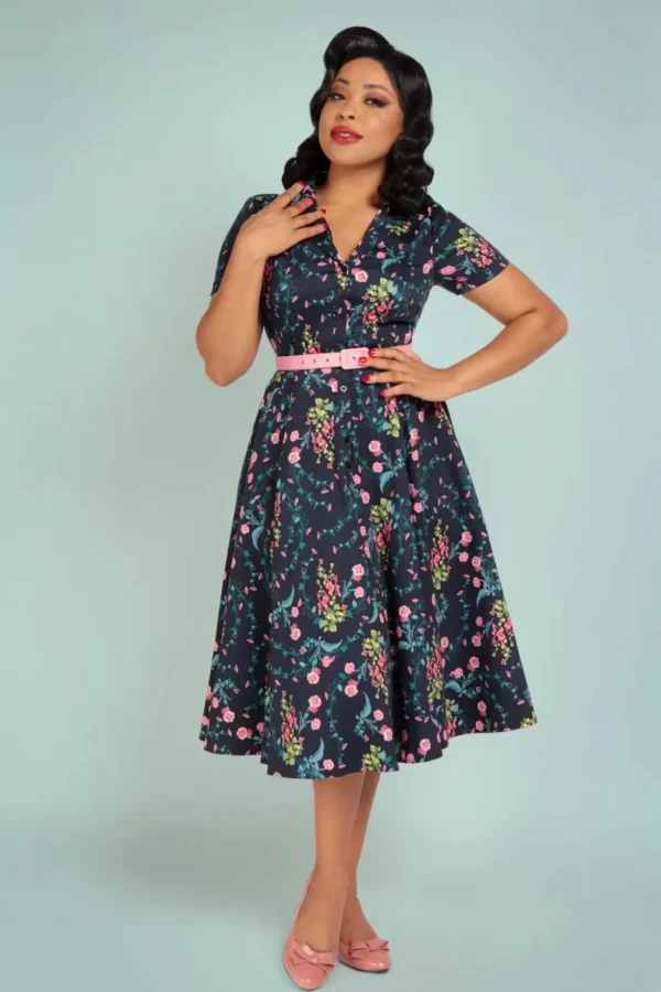 Caterina Hollyhocks Hooray Swing Jurk In Marineblauw-Collectif Clothing Clearance