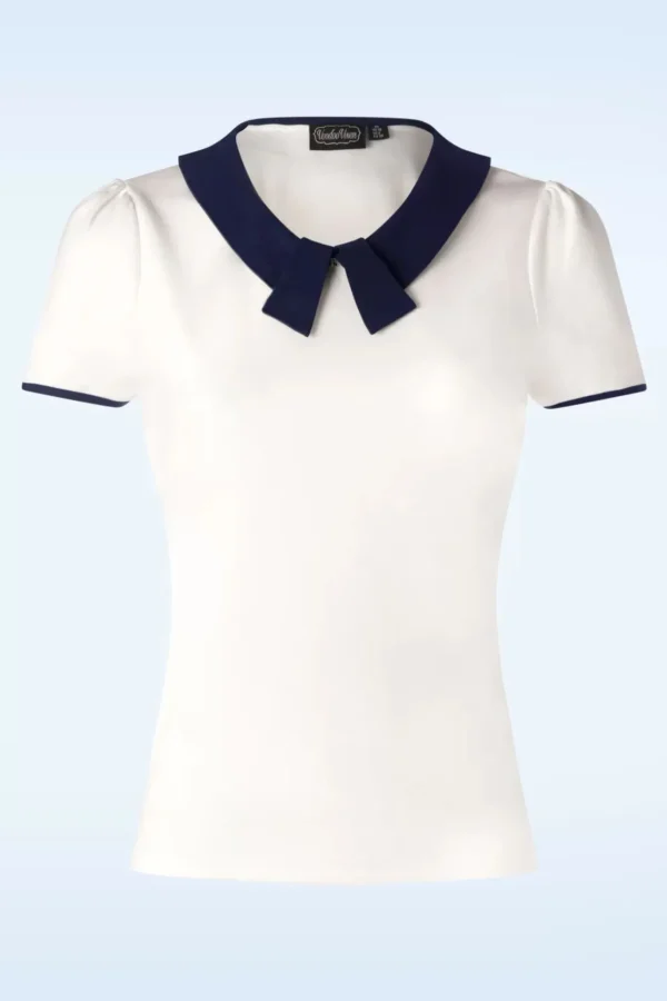 Collar Detail Top In Ivoorwit En Marineblauw-Vixen New