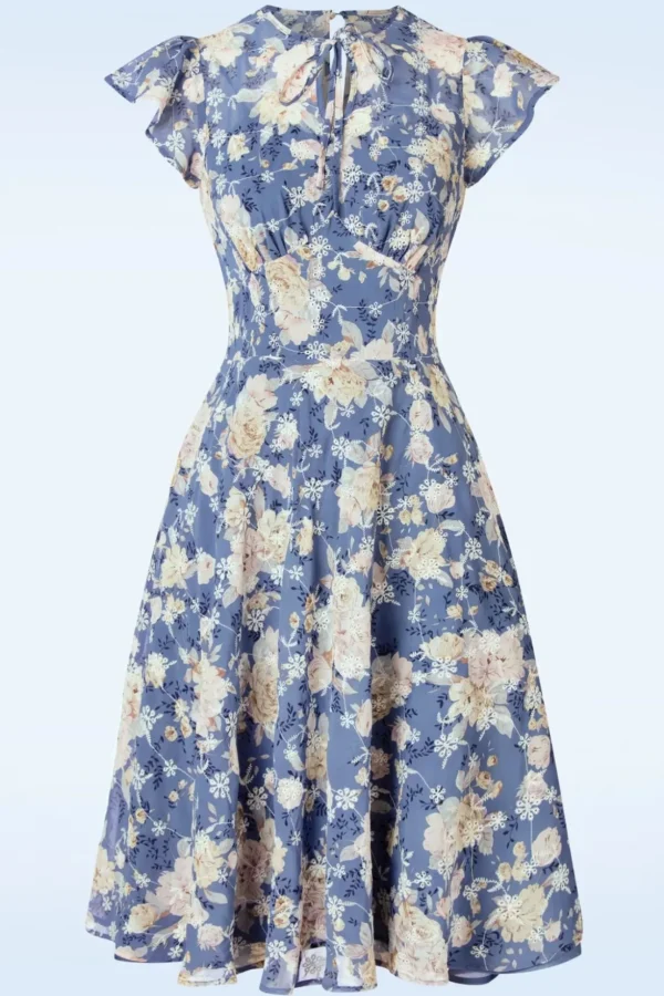 Floral Flutter Flare Jurk In Blauw-Vixen Online