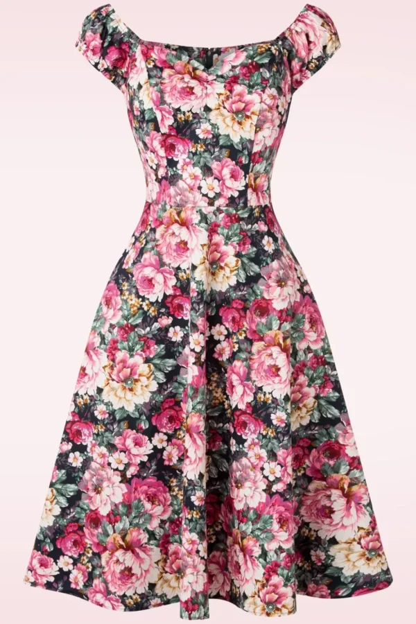 Flower Show Off Shoulder Swing Jurk In Roze-Banned Retro Hot