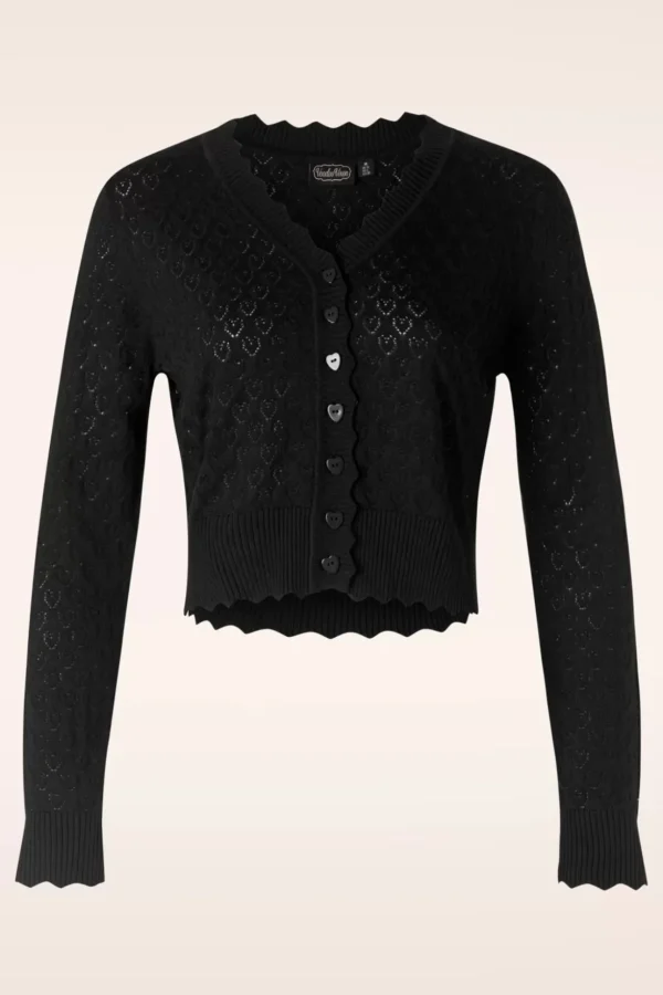 Heart Pattern Scallop Edge Cardigan In Zwart-Vixen Fashion