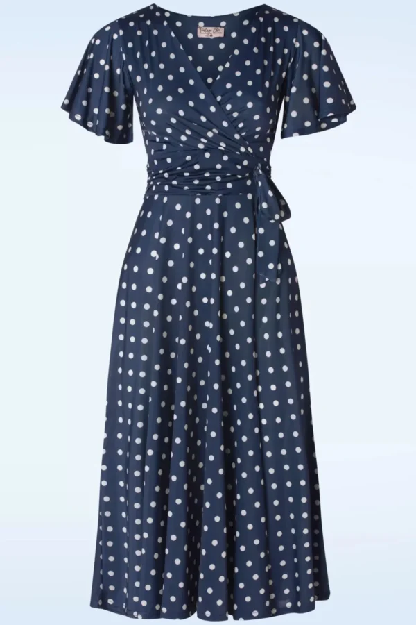 Irene Polkadot Cross Over Swing Jurk In Marineblauw-Vintage Chic for Topvintage Flash Sale