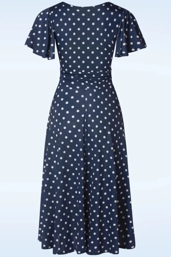 Irene Polkadot Cross Over Swing Jurk In Marineblauw-Vintage Chic for Topvintage Flash Sale