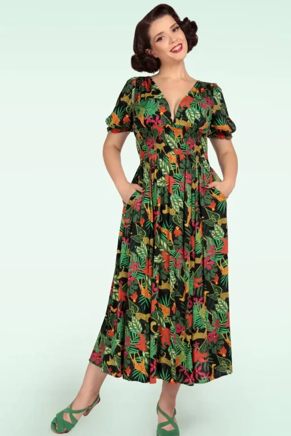 Juliette Jungle Maxi Jurk In Zwart-Collectif Clothing Cheap