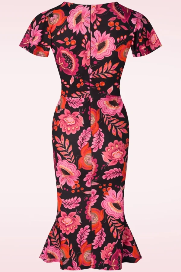 Katie Floral Pencil Jurk In Zwart En Roze-Vintage Chic for Topvintage Best Sale