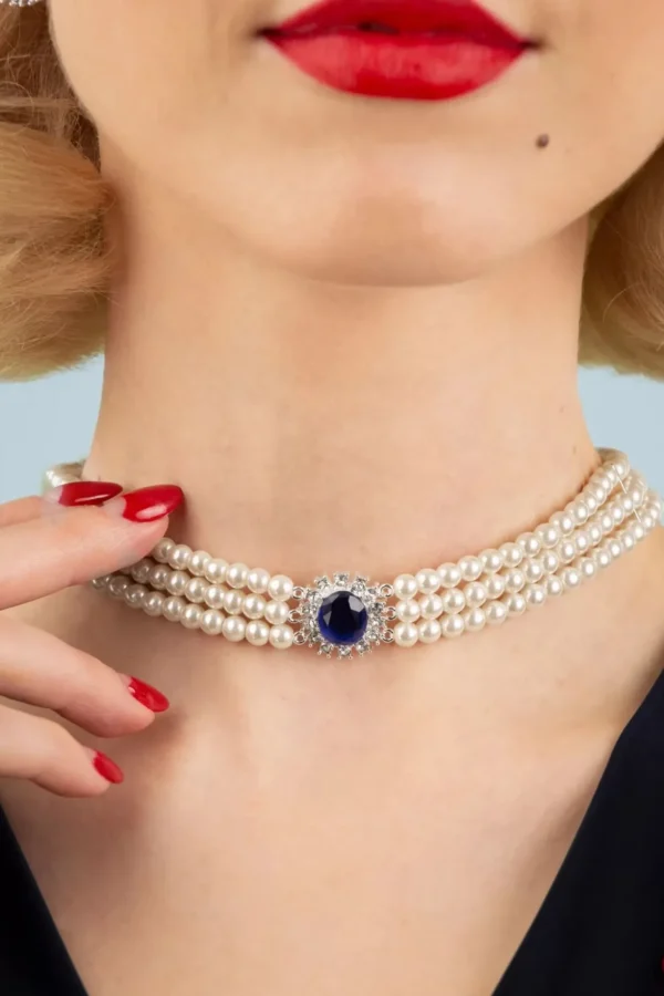 Lady Diana Parel Choker Ketting In Saffierblauw-Lovely Shop