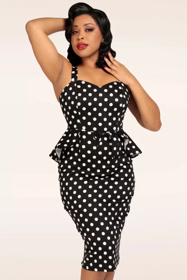 Lilla Polka Peplum Pencil Jurk In Zwart-Collectif Clothing Shop