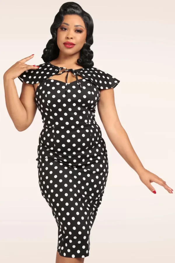 Lilla Polka Peplum Pencil Jurk In Zwart-Collectif Clothing Shop