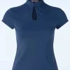 Mandarin Collar Top In Marineblauw-Banned Retro Best