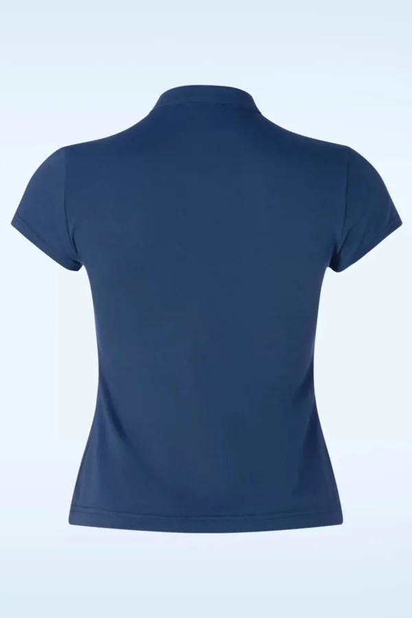 Mandarin Collar Top In Marineblauw-Banned Retro Best