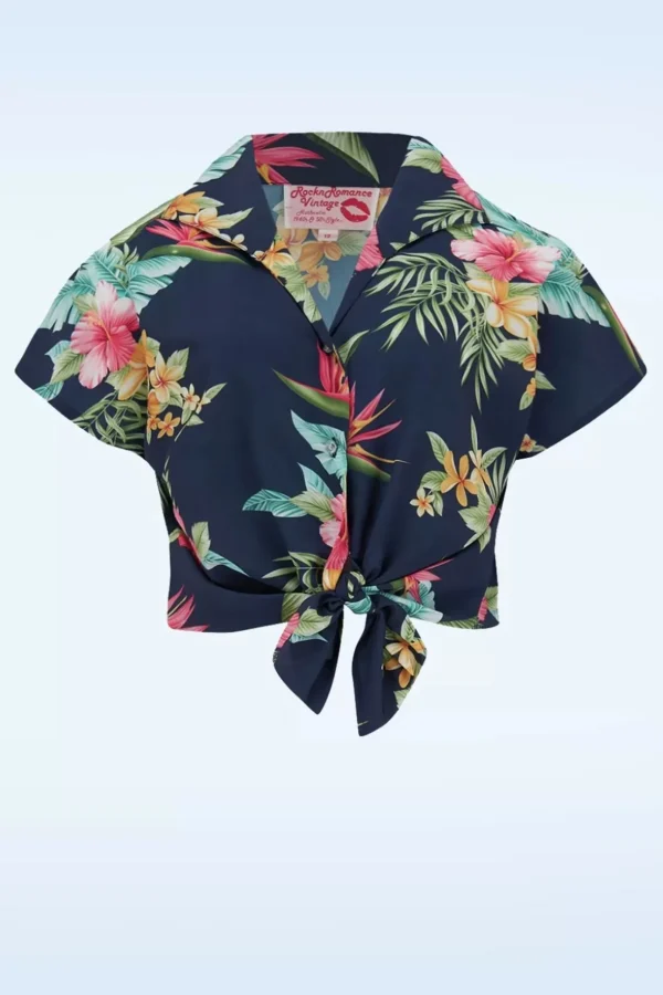 Maria Tuck In Or Tie Up Blouse In Honolulu Marineblauw-Rock N Romance Shop