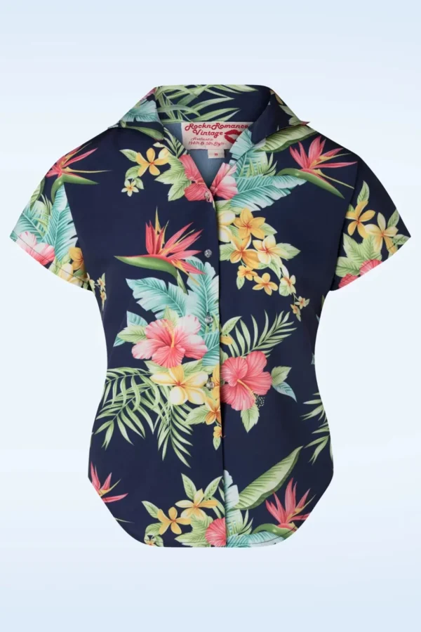 Maria Tuck In Or Tie Up Blouse In Honolulu Marineblauw-Rock N Romance Shop