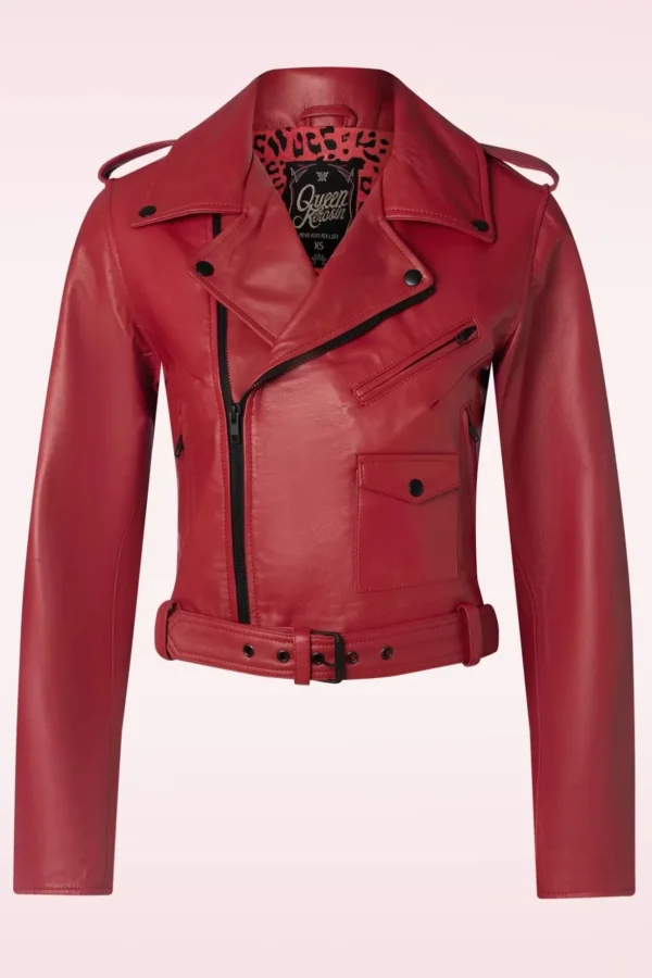 Marlon Leren Biker Jas In Rood-Queen Kerosin Outlet