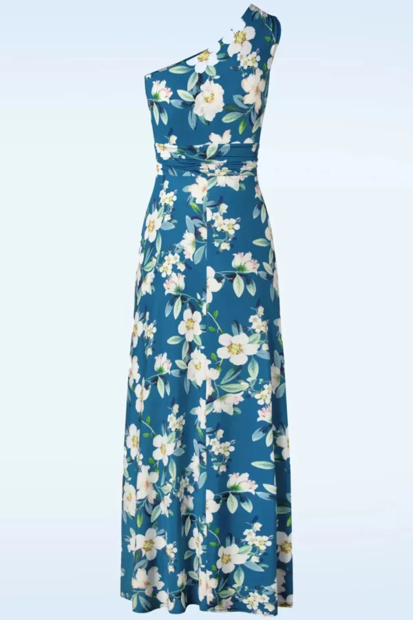 Olga Flowers One Shoulder Maxi Jurk In Blauw-Vintage Chic for Topvintage Cheap