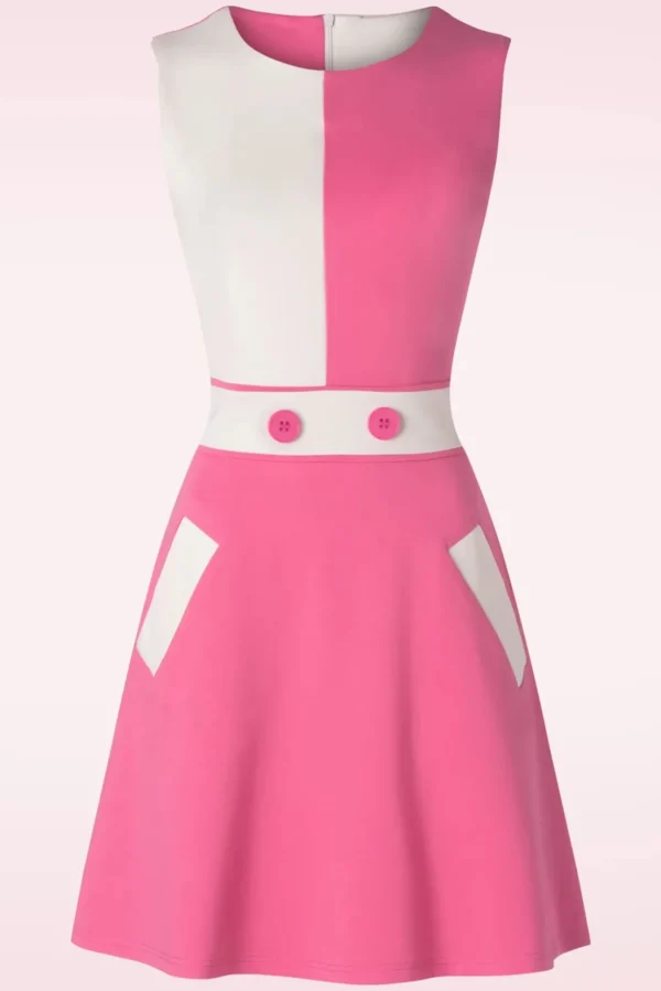 Sixties Contrast Jurk In Roze-Vixen Clearance