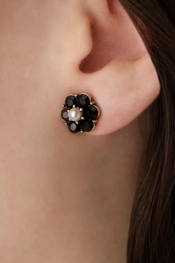 Small Jet Flower Stud Oorbellen In Zwart-Lovely New