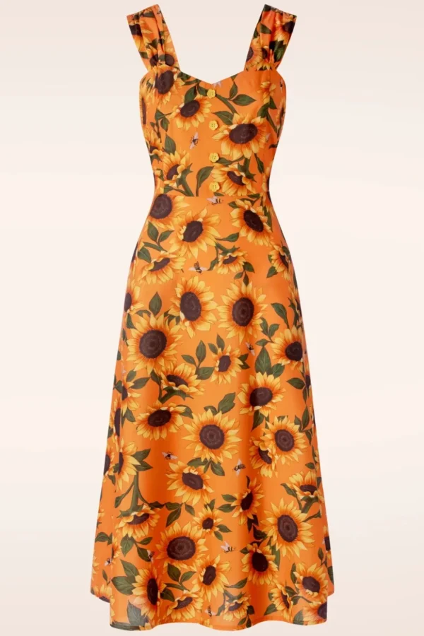 Sunflower Print Midi Jurk In Oranje-Vixen Cheap