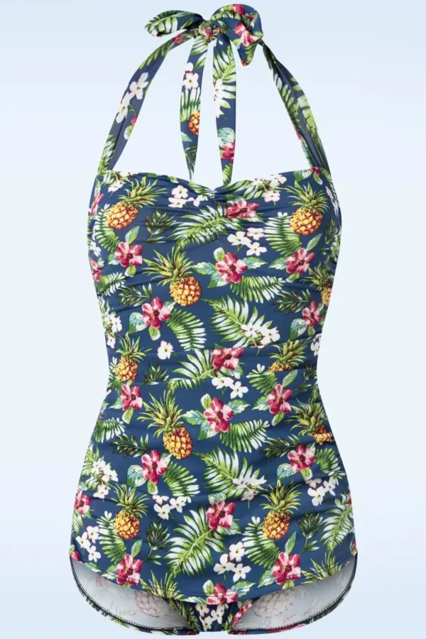 Tropical One Piece Halter Badpak In Blauw-Esther Williams New