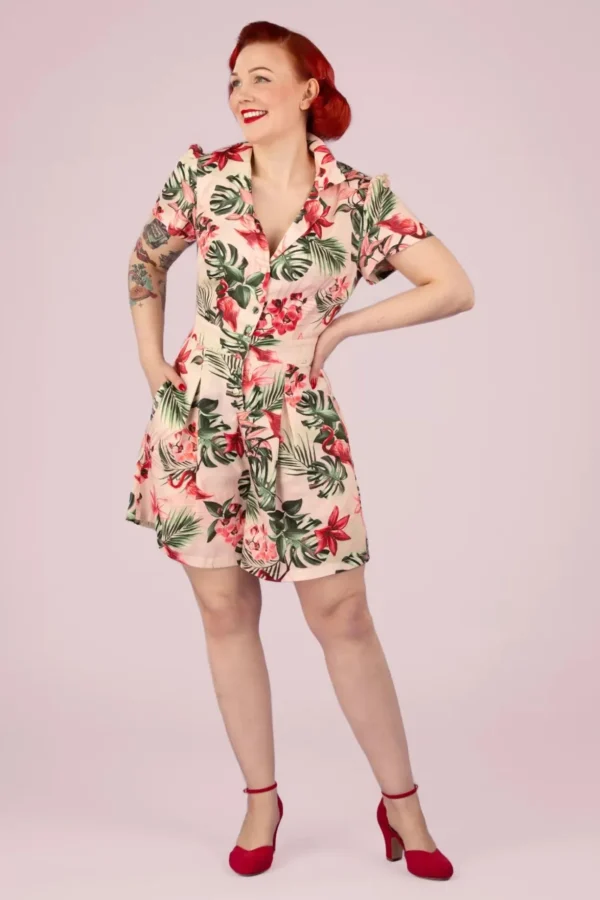 Tropische Flamingo Button Up Playsuit In Licht Roze-Vixen Cheap